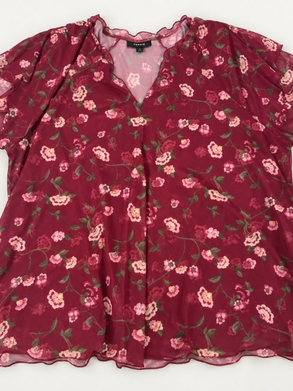 Lane Bryant 22/24 Burgundy Floral Mesh Flutter Sleeve Blouse Cottagecore